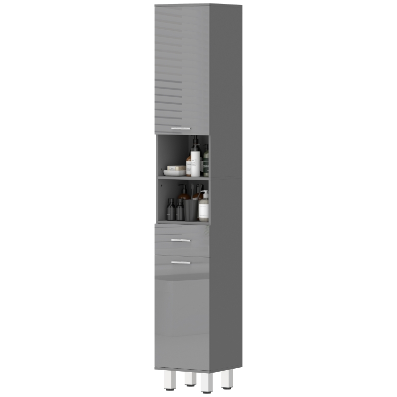 kleankin Badezimmerschrank, Badkommode, mit Regalen und Schublade, verstellbar, Grau
