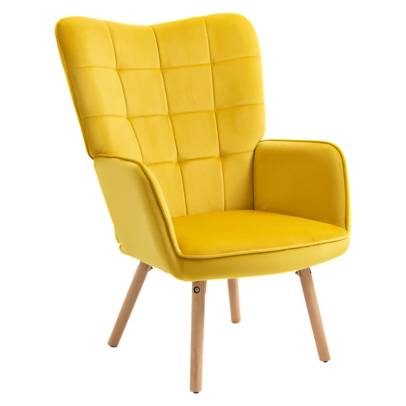 HOMCOM Modern Accent Chair, Upholstered High Back Armchair with Tufted Wingback, Seat Padding, Velvet Leisure Lounge Bedroom Chair with Wood Legs, Yellow
