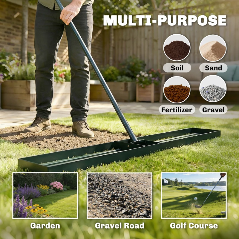 Outsunny Lawn Levelling Rake, 113 x 26 cm Lawn Leveller Lute with 169 cm Handle for Grass Soil Sand Yard Golf Course