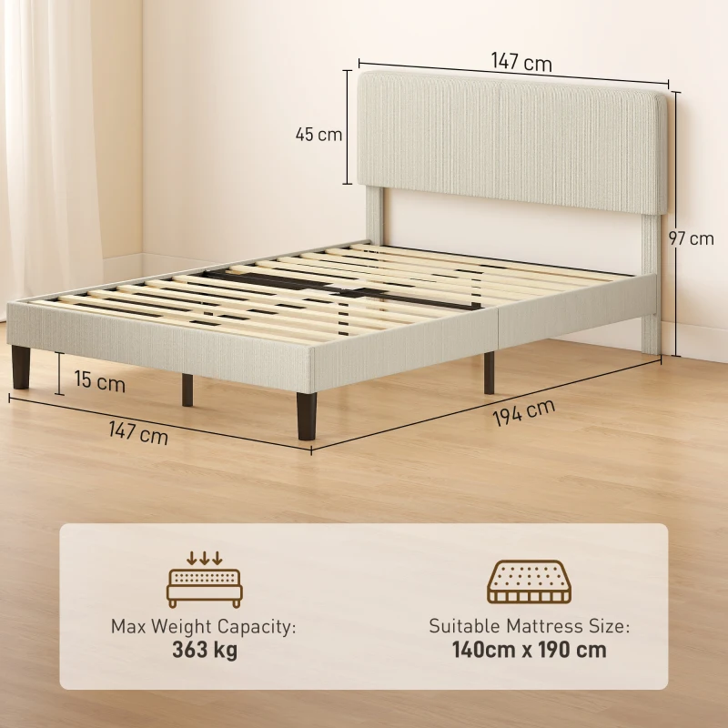 HOMCOM Cadru de pat 140 x 190 cm cu somier, tăblie reglabilă, pat dublu capitonat în velur côtelat, fără zgomot, gri deschis