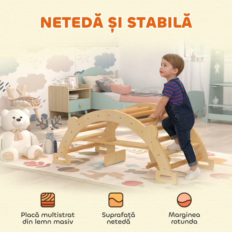 AIYAPLAY Arc Montessori din Lemn pentru Copii 2-4 Ani Convertibil în Leagăn 110x52x45 cm, Culoare Lemn