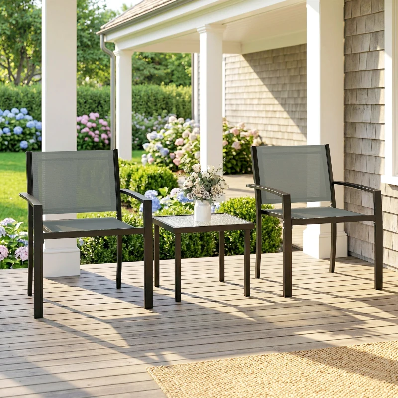 Outsunny Conjunto de Mesa y Sillas de Terraza Exterior 3 Piezas con 2 Sillas de Textilene Mesa de Vidrio Templado Gris Claro