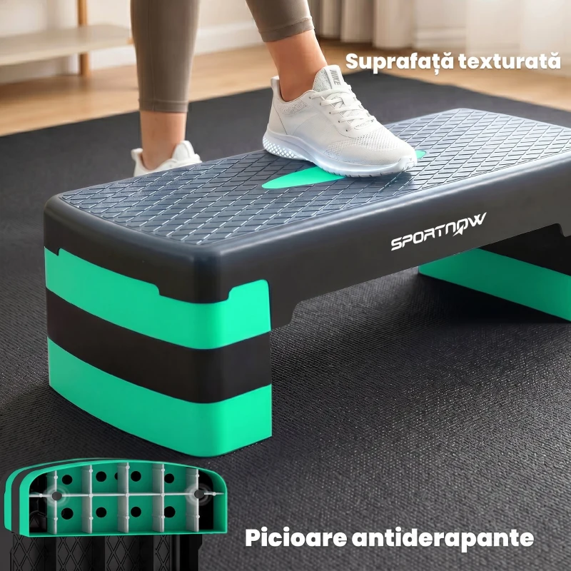 SPORTNOW Stepper aerobic reglabil, cu extensii pentru ridicare, platformă step aerobic pentru antrenamente acasă, fitness, cardio și forță, pentru bărbați și femei, înălțime 10/15/20cm, verde