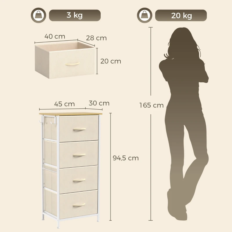 HOMCOM Cajonera con 4 Cajones de Tela, Mueble Alto, Beige
