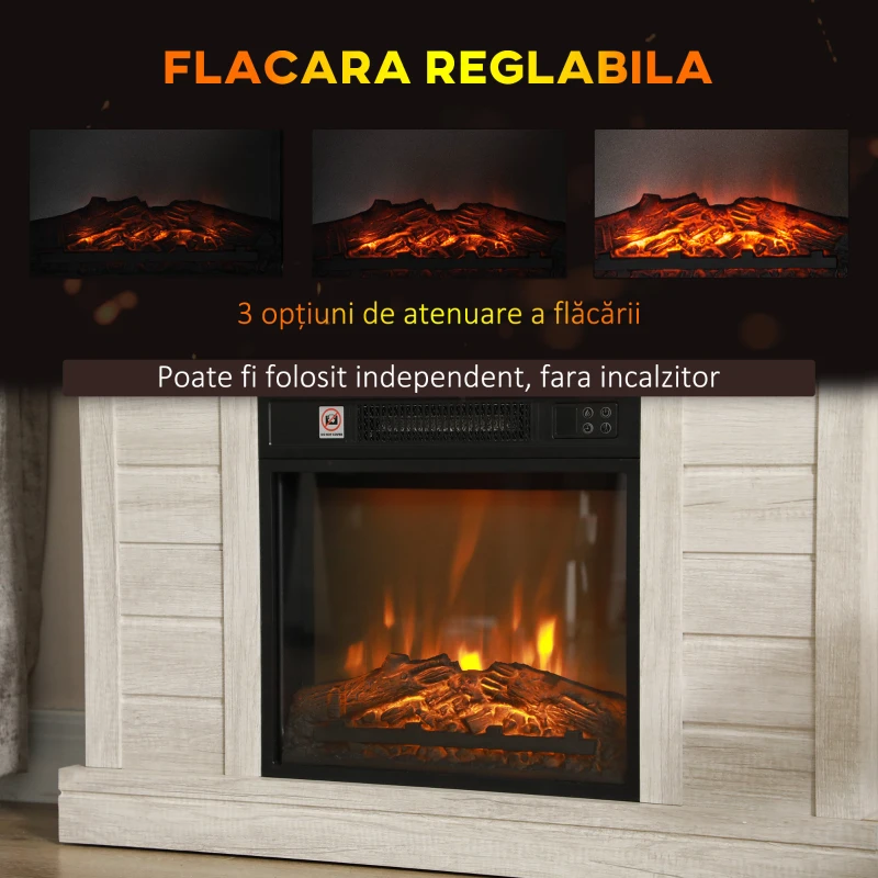 HOMCOM Șemineu Electric 1800W cu Efect de Flacără și Telecomandă, din Lemn, Metal și Sticlă, 96.5x22x81.7 cm, Gri Deschis