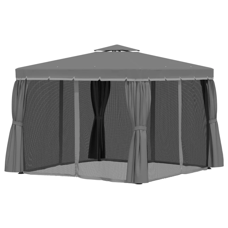Outsunny Tonnelle de jardin extérieur 3 x 3 m, barnum avec toit double, rideaux et moustiquaire, cadre en aluminium, gris foncé