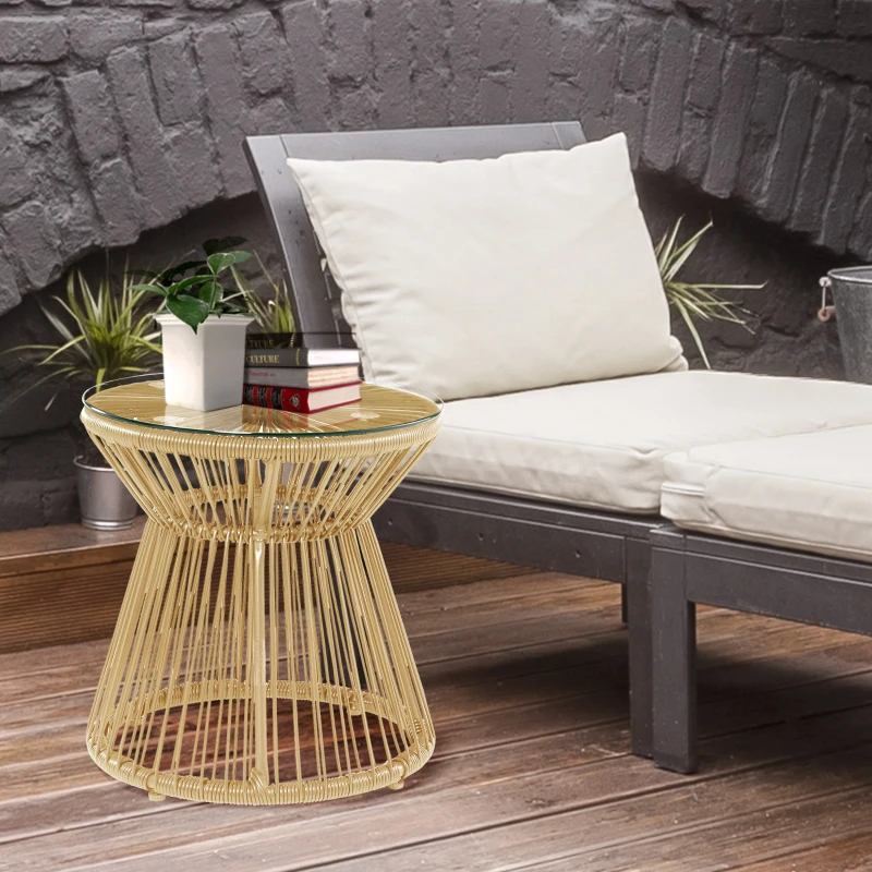 Outsunny Round End Table, Rattan Side Table, Hollow Drum Design Coffee Table w/ Glass Tabletop for Patio, Garden, Balcony Natural