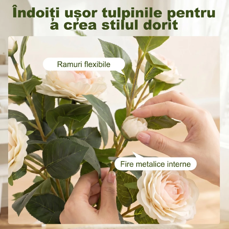 HOMCOM Plantă Artificială Camelie, Flori Realiste, 176 Frunze PEVA, Ghiveci PP, Alb