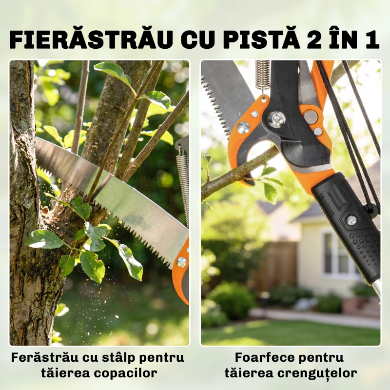 Outsunny Fierăstrău și Foarfecă cu Tijă Telescopică 135-199 cm din Aluminiu, pentru Ramuri Înalte, Portocaliu