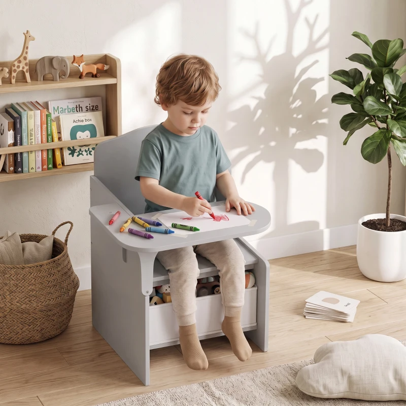 AIYAPLAY Kids Table and Chair Set, Children Desk and Chair with Storage Bins for Playing, Reading, Painting, for Ages 3-5, Grey