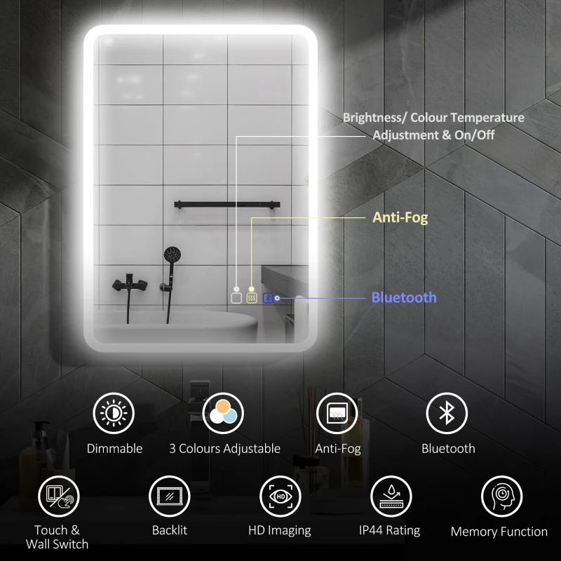 HOMCOM 50 x 70 cm Backlit Illuminated Bathroom Mirror with LED Lights and Bluetooth - Silver Tone