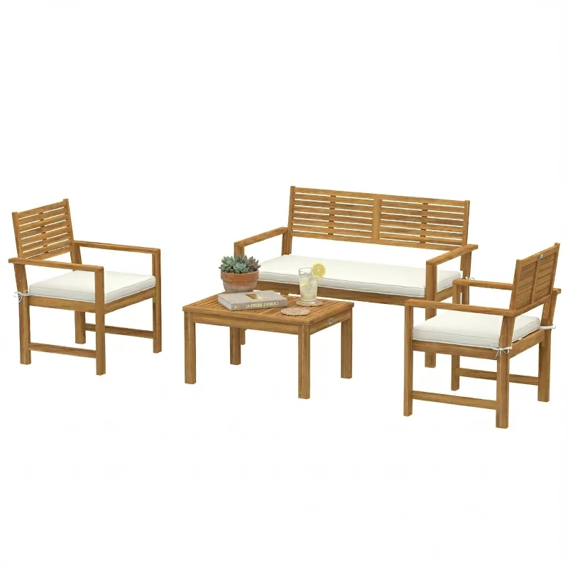 Outsunny 4 Seater Wooden Garden Furniture Set with Loveseat, Armchairs, Table, Acacia Wood Garden Sofa Set, Cream White