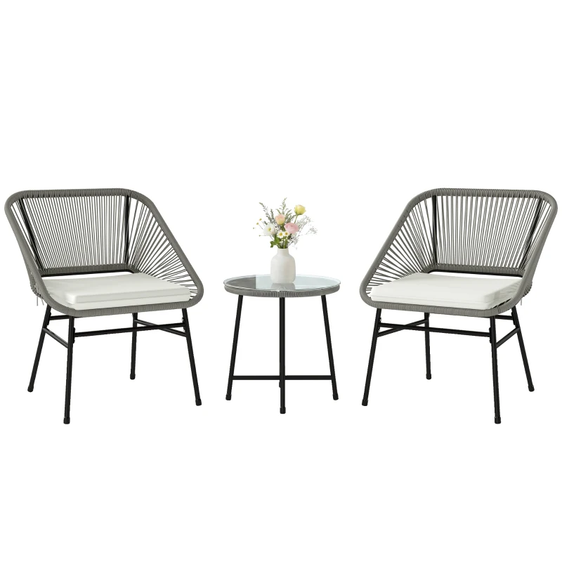 Outsunny 3-teiliges Outdoor-Möbelset, 1 Tisch, 2 Stühle, Rattan-Geflecht, Stahlrahmen, Kaffeetisch mit Glasplatte, Dunkelgrau