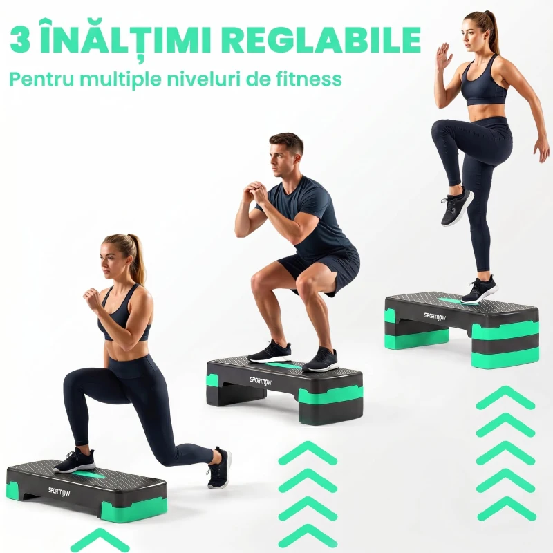 SPORTNOW Stepper aerobic reglabil, cu extensii pentru ridicare, platformă step aerobic pentru antrenamente acasă, fitness, cardio și forță, pentru bărbați și femei, înălțime 10/15/20cm, verde