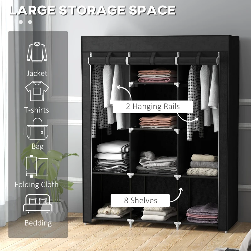 HOMCOM Fabric Wardrobe, with Rails and Shelves - Black