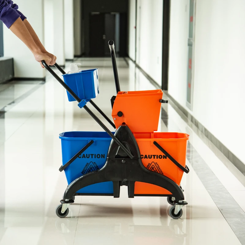 HOMCOM Carrello Pulizie Professionale da 26L con 2 Secchi Lavapavimenti, in Plastica e Metallo, 78x45x95 cm, Arancio Blu