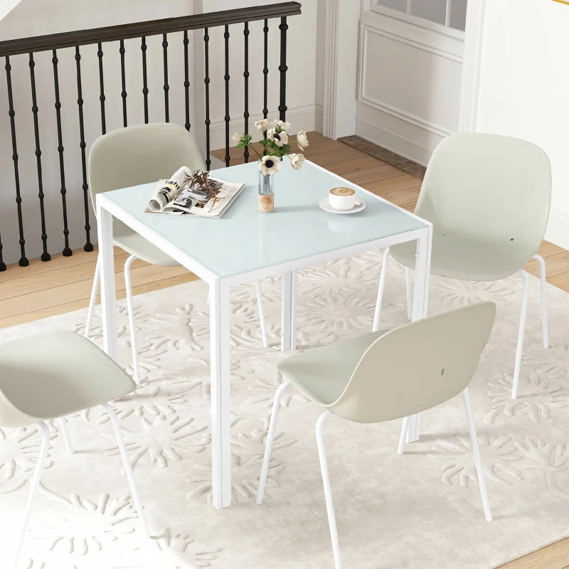 HOMCOM Mesa de Comedor de Cristal Mesa de Cocina Cuadrada para 4 Personas con Patas de Metal para Salón 75x75x75 cm Blanco