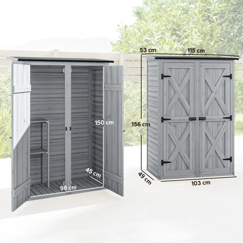 Outsunny Caseta de Jardín de Madera 115x53x156 cm Armario para Herramientas con Puertas Dobles y Estantes Techo Inclinado Gris