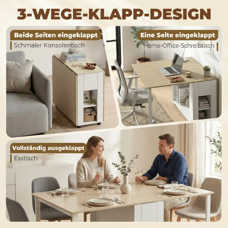 HOMCOM Klapptisch für 6 Personen, 168 cm großer ausziehbarer Esstisch mit 2 Schubladen & 4 Ablagefächern