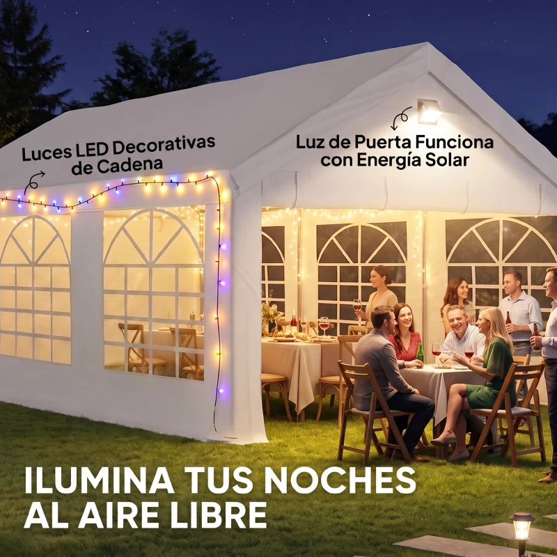 Outsunny Carpa para Fiestas 4x6 m Carpa de Jardín con Luces LED Paredes Extraíbles 2 Puertas y Ventanas UPF30+ para Boda Blanco