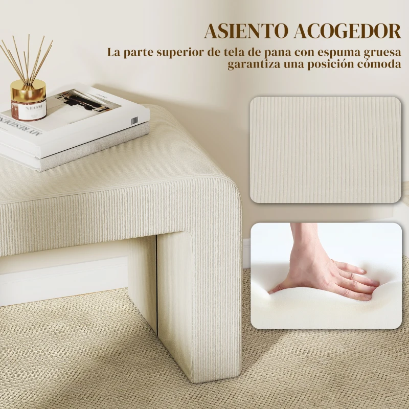 HOMCOM Juego de 3 Bancos Zapateros Grande y 2 Pequeños Modernos de Pana Diseño Compacto Mesa Auxiliar 104x44x48 cm Crema
