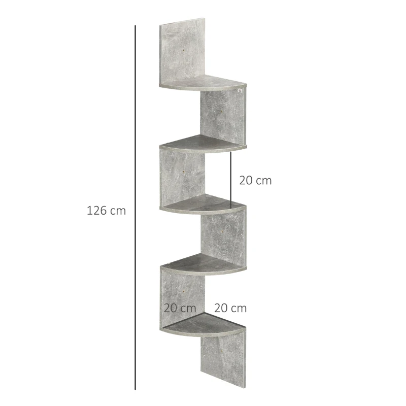 HOMCOM Étagère d'angle Murale de Rangement Forme Zigzag 20L x 20l x 126H cm 5 Niveaux Bois Gris