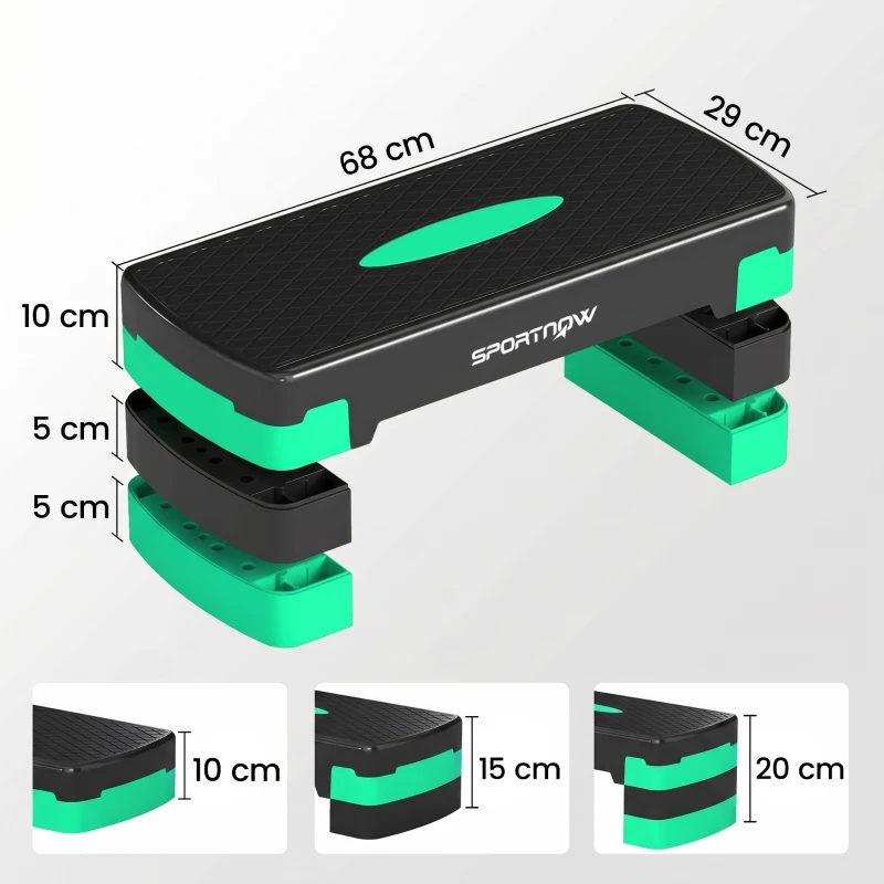 SPORTNOW Stepper aerobic reglabil, cu extensii pentru ridicare, platformă step aerobic pentru antrenamente acasă, fitness, cardio și forță, pentru bărbați și femei, înălțime 10/15/20cm, verde