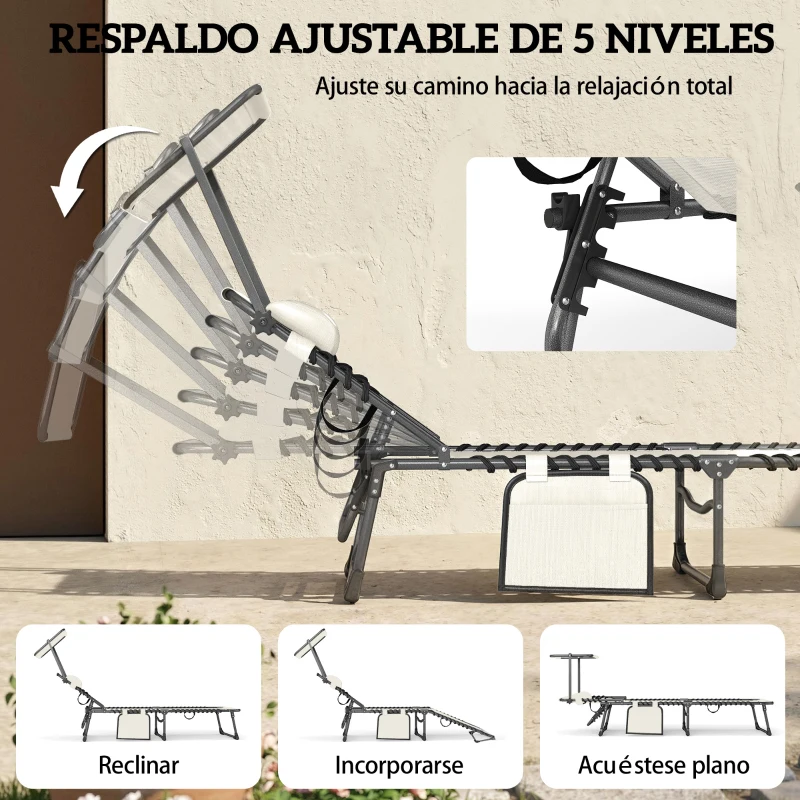 Outsunny Set de 2 Tumbonas Plegables con Reposacabezas Parasol Bolsillo Lateral y Respaldo Reclinable en 5 Posiciones Crema