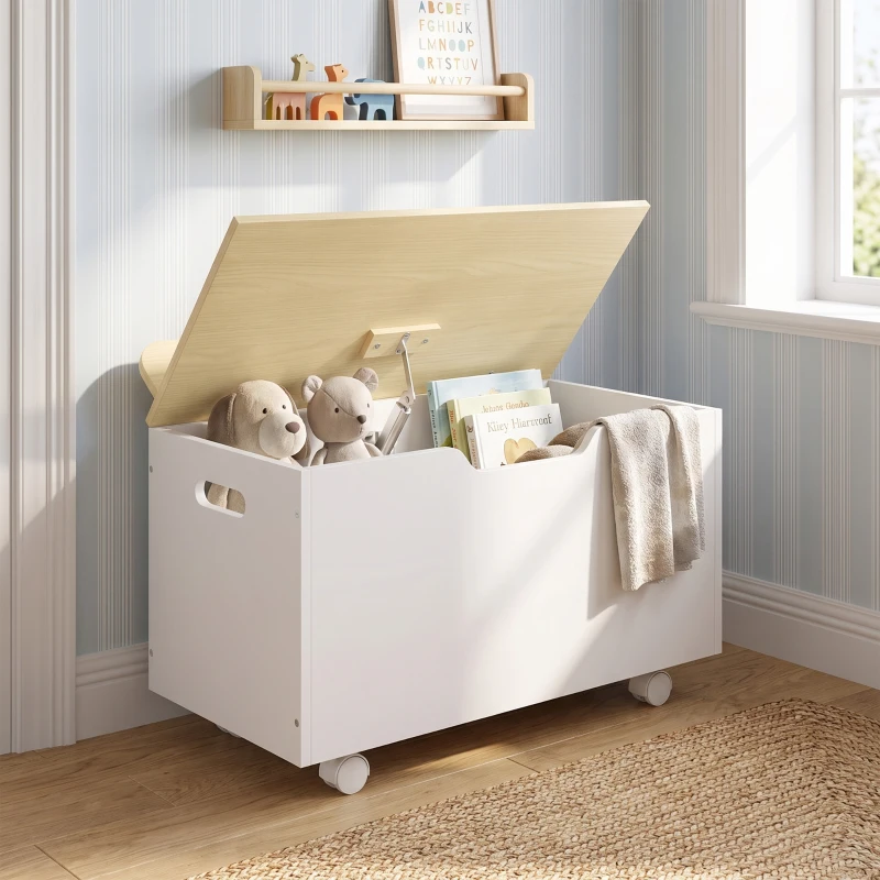 AIYAPLAY Coffre à jouet enfant sur roulettes, coffre de rangement enfant avec couvercle rabattable, 59 x 30 x 53 cm, blanc