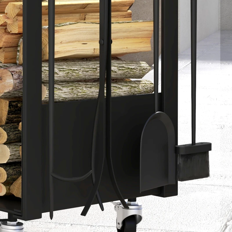 Outsunny Range-bûches porte-bûches avec roues pelle balai tisonnier pince pour intérieur 48l x 30P x 76H cm métal noir