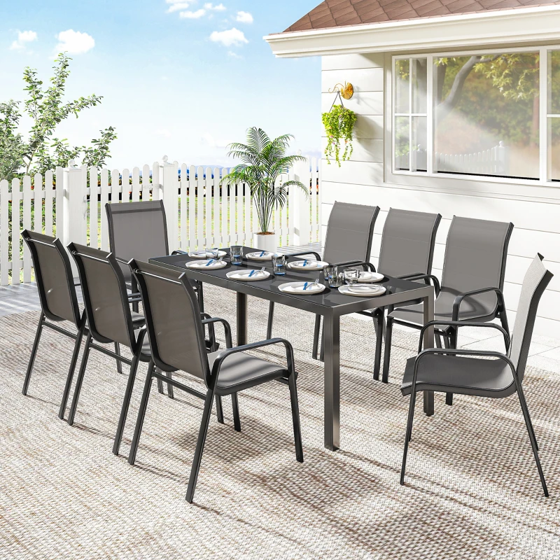 Outsunny 9 Pieces Garden Dining Set, Outdoor Table and Chairs Set for 8, Garden Furniture Set with Tempered Glass Top, Dark Grey