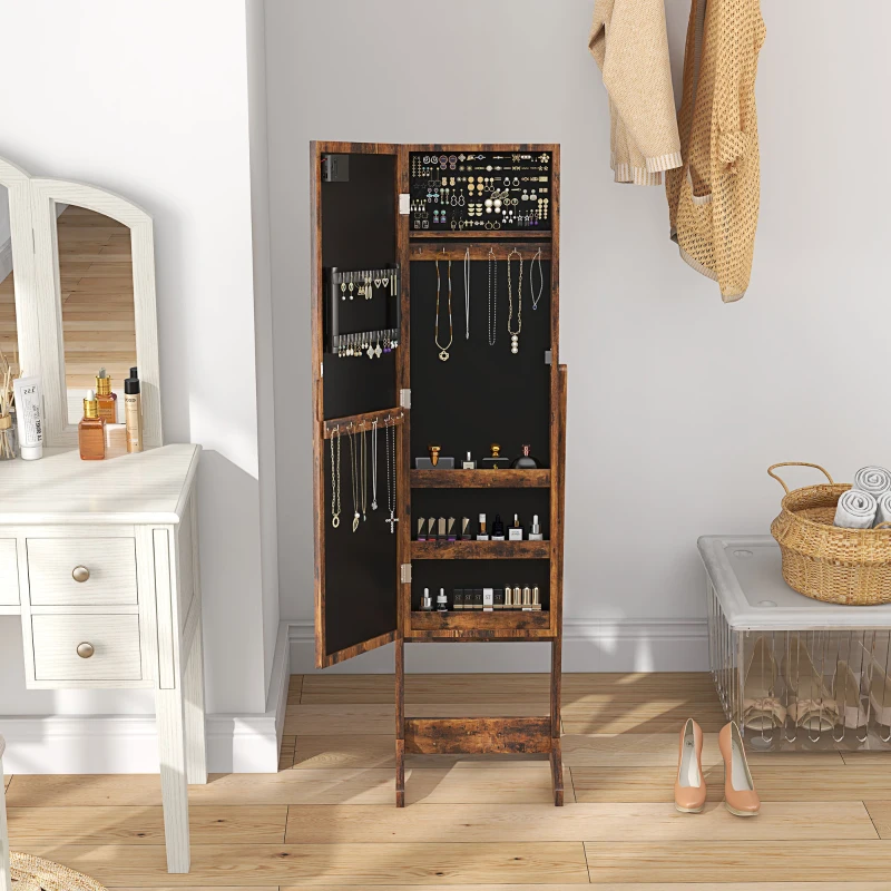HOMCOM Dulap pentru Bijuterii cu Oglindă Reglabilă și Lumini LED 36x30x136 cm Maro Rustic