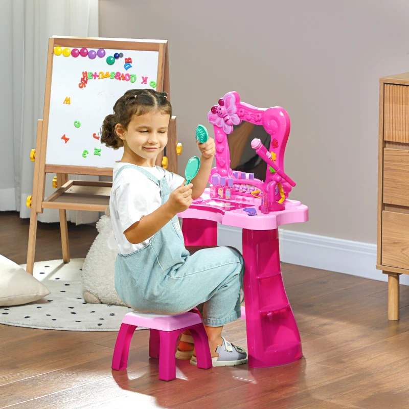 AIYAPLAY 15 PCS Coiffeuse enfant avec tabouret et miroir, lumière, musique, microphone, sèche-cheveux, espace de rangement