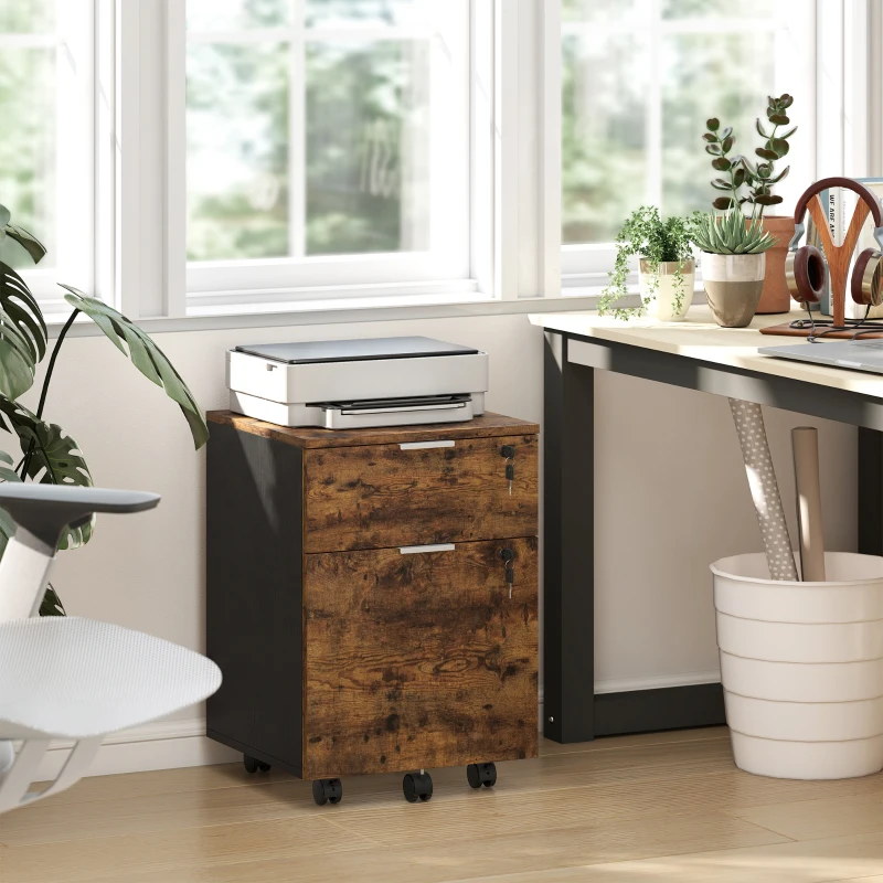 HOMCOM Two-Drawer Lockable Filing Cabinet - Black and Rustic Brown