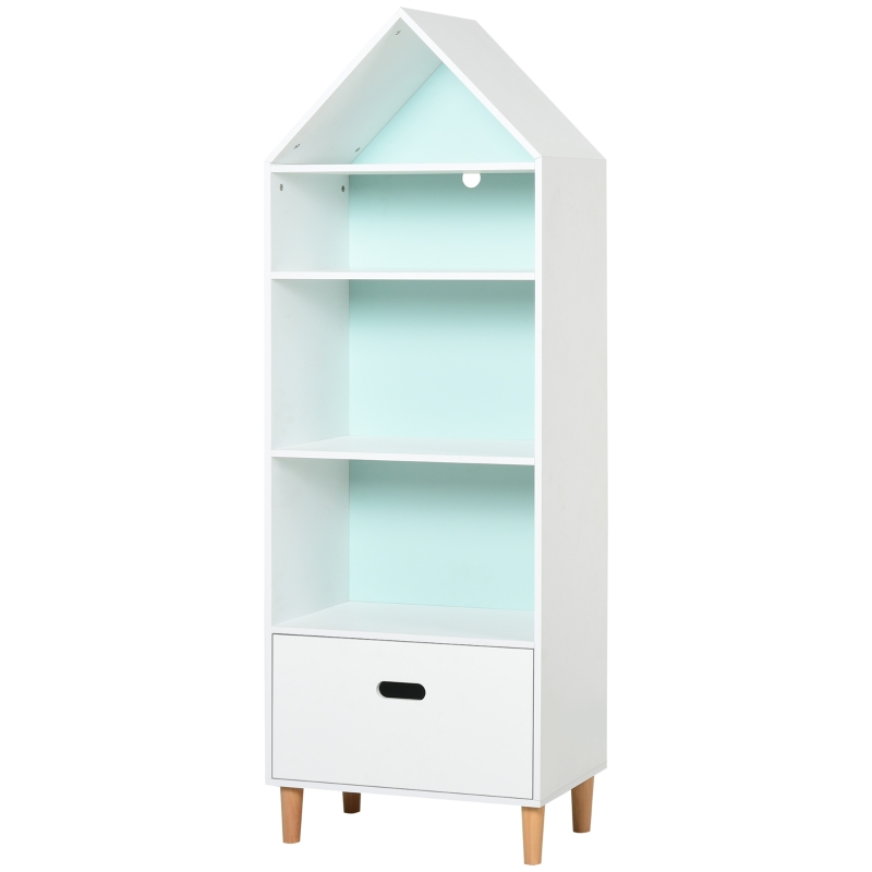 HOMCOM Estantería Infantil Librería de Madera para Niños para Libros Juguetes DVDs con 4 Estantes 1 Cajón Tablero de 2 Colores Diseño Compacto 50x30x142 cm Blanco