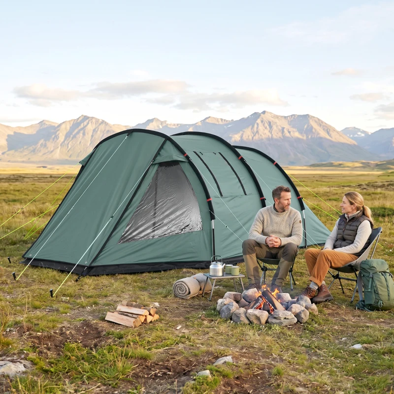 Outsunny Two Room Tunnel Tent Camping Tent for  3-4 Man with Windows, Covers, Carry Bag, for Fishing, Hiking, Sports, Green