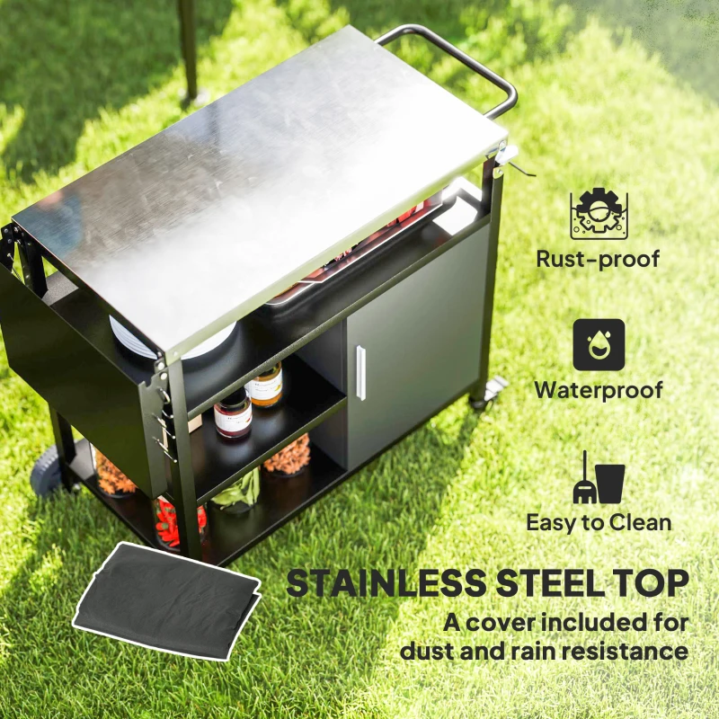 Outsunny Outdoor BBQ Trolley with Foldable Side Table, Stainless Steel Top, Outdoor Kitchen with Wheels Hooks Shelves Cabinet, Pizza Oven Table Movable Barbecue Grill Dining Cart with Cover, Black