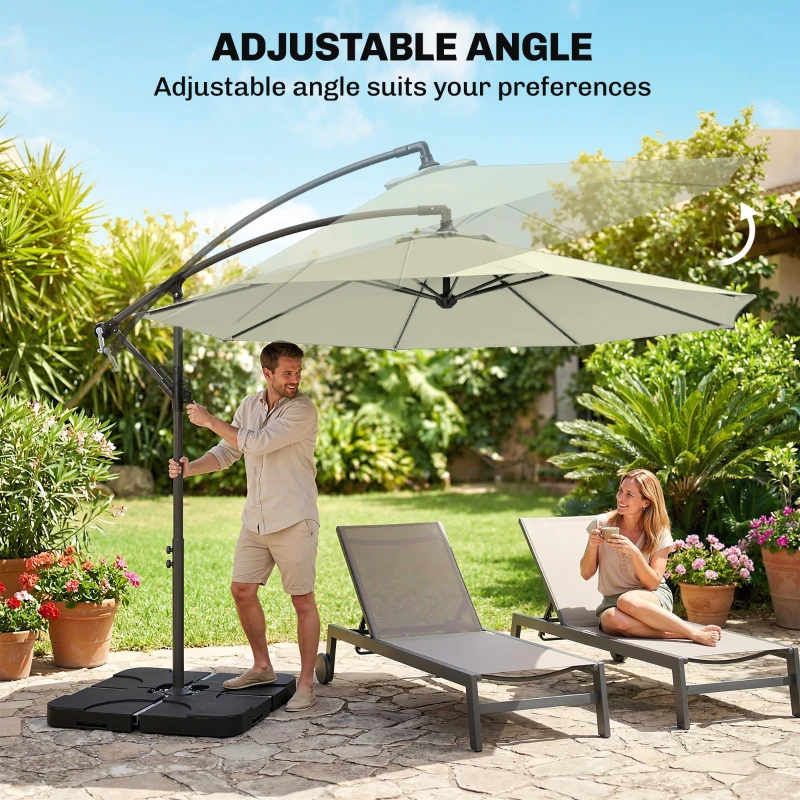Outsunny 3(m) Garden Banana Parasol Cantilever Umbrella with Crank Handle, Cross Base, Weights and Cover for Outdoor, Hanging Sun Shade, Beige