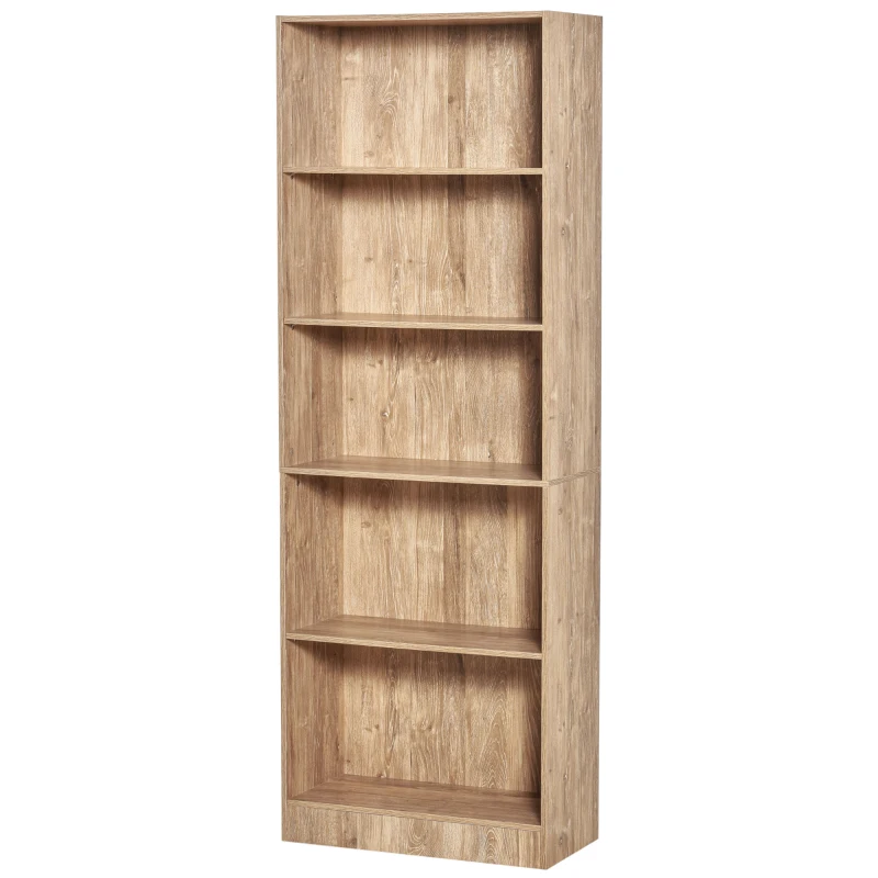 HOMCOM Librería Estantería de 5 Niveles para Libros con 3 Baldas Ajustables Antivuelco Almacenaje para Salón Oficina Estudio 63x29,5x176 cm Madera Natural