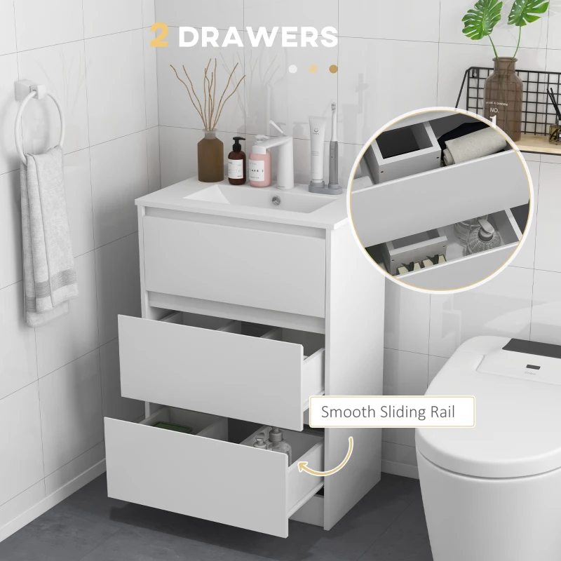 kleankin 600mm Bathroom Vanity Unit with Basin and Single Tap Hole, High Gloss White Floor Standing Bathroom Sink Unit with 2 Drawers for Cloakroom