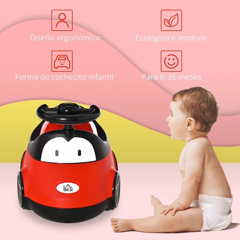 HOMCOM Orinal para Bebé de 6-36 Meses Orinal Infantil WC Aprendizaje Entrenamiento Portátil en Forma de Automóvil con Tapa y Volante Fácil de Limpiar 40x27,5x29,1 cm Rojo