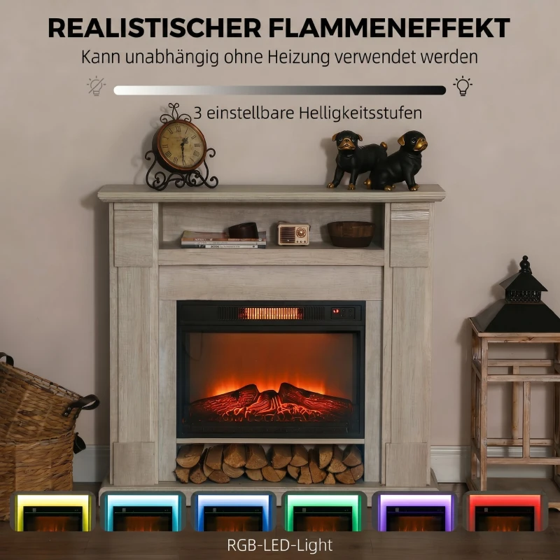 HOMCOM Șemineu Electric 1800W Reglabil cu Flacără 3D, Raft, Timer și Telecomandă, 105x27x97 cm, culoare Lemn