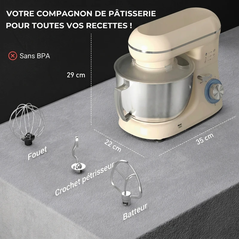 HOMCOM Robot pâtissier 1300 W, robot pétrin professionnel 4,5 L, bol d'acier inoxydable, 6+P vitesses et pulse, beige