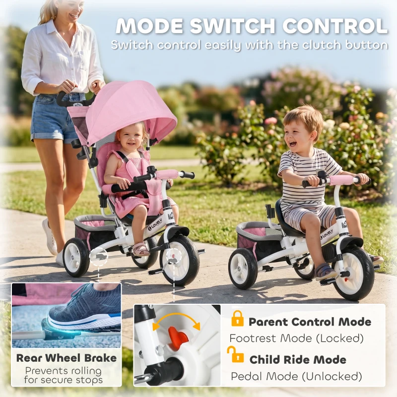 HOMCOM 6 in 1 Kids Trike with Parent Handle, Canopy, 5-point Seat Belt, Storage, Footrest, Brake, for 1-5 Years, Pink