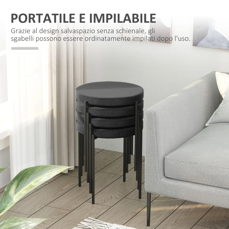 HOMCOM Set 4 Sgabelli Bassi e Rotondi in Metallo e Tessuto Effetto Velluto, 41.5x41.5x46 cm, Nero