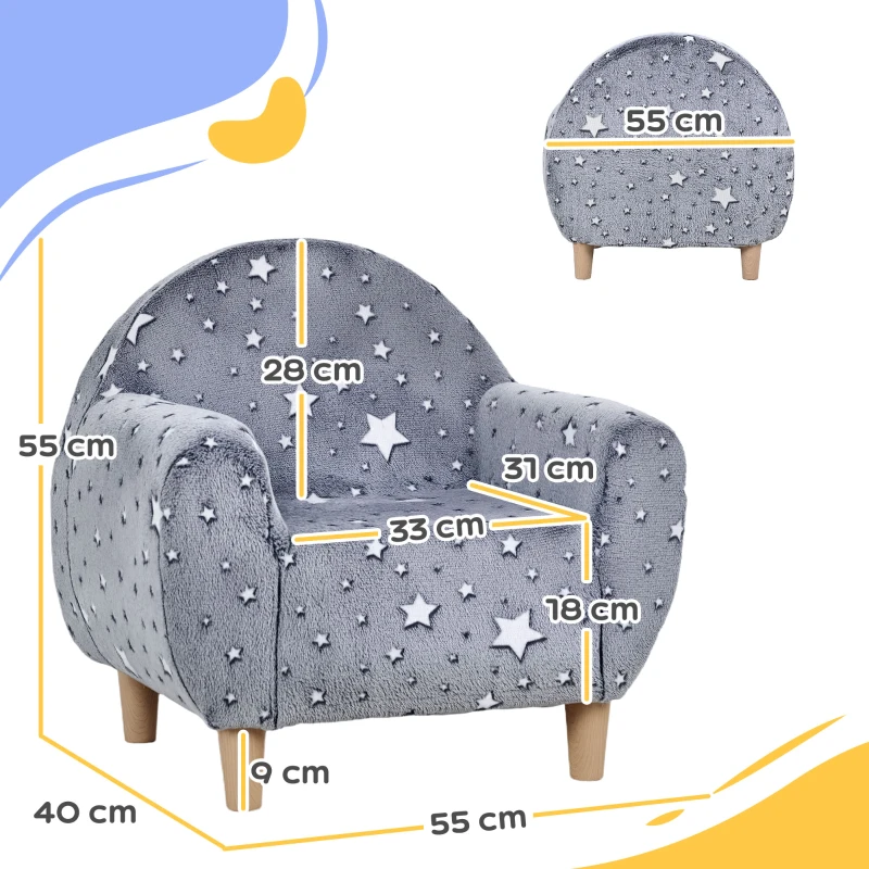 AIYAPLAY Fauteuil enfants canapé pour enfants hosphorescent avec motif étoilé, tissu velours, pour garçons et filles, gris