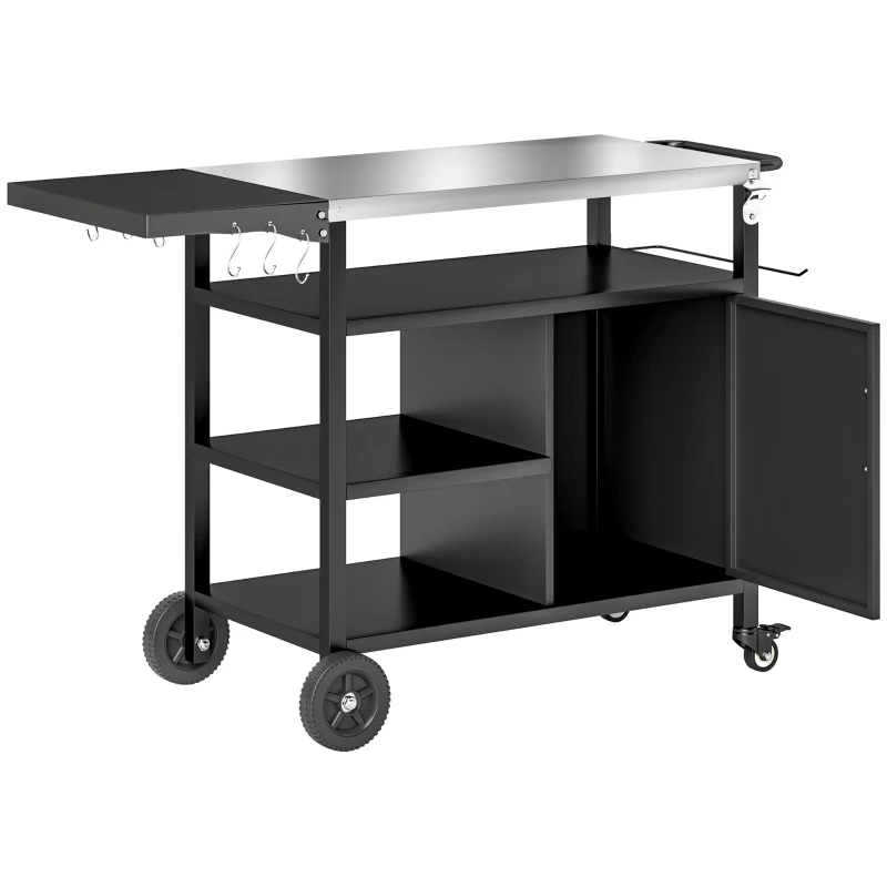 Outsunny Outdoor BBQ Trolley with Foldable Side Table, Stainless Steel Top, Outdoor Kitchen with Wheels Hooks Shelves Cabinet, Pizza Oven Table Movable Barbecue Grill Dining Cart with Cover, Black