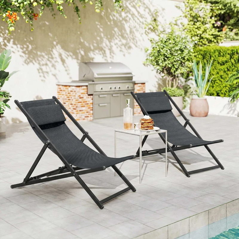 Outsunny Conjunto de 2 Tumbonas Plegables de Aluminio con Respaldo Regulable en 5 Posiciones y Reposacabezas 60x100x85 cm Gris