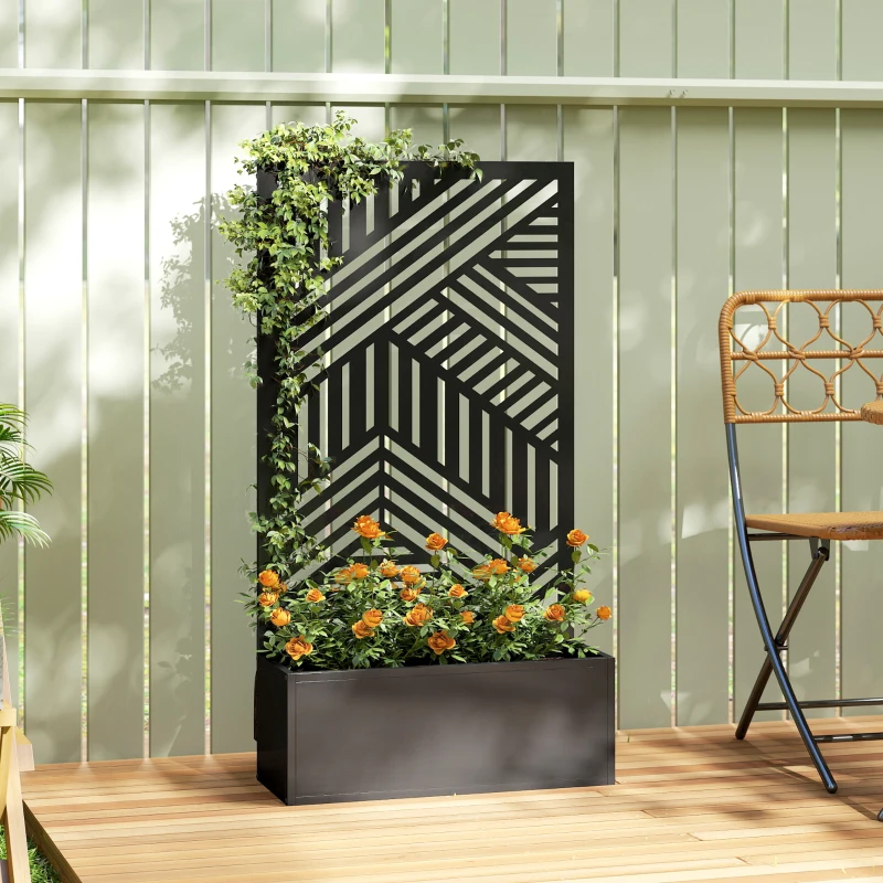 Outsunny Metal Garden Bed for Garden with Trellis, Raised Garden Bed with Privacy Screen, Geometric Slatted Cut-Out