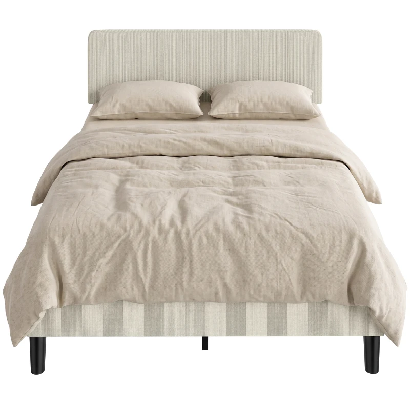 HOMCOM Cadru de pat 140 x 190 cm cu somier, tăblie reglabilă, pat dublu capitonat în velur côtelat, fără zgomot, gri deschis